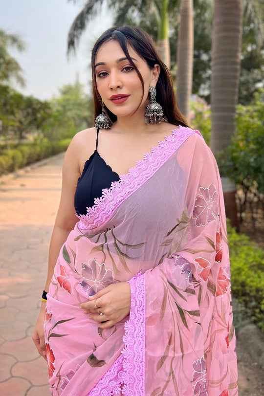 Pink Shimmer Saree with Black Blouse Piece