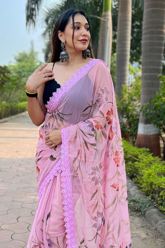Pink Shimmer Saree with Black Blouse Piece