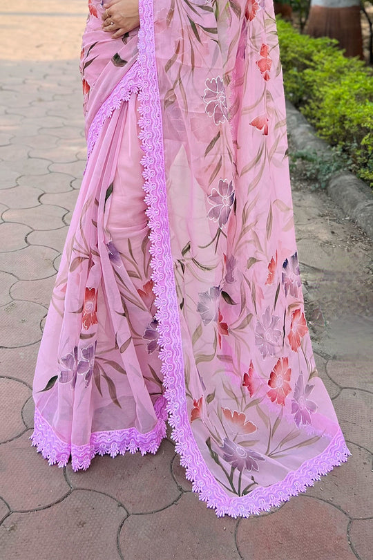 Pink Shimmer Saree with Black Blouse Piece
