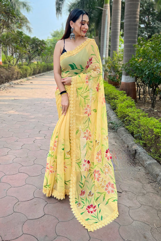 Yellow Shimmer Saree with Black Blouse Piece