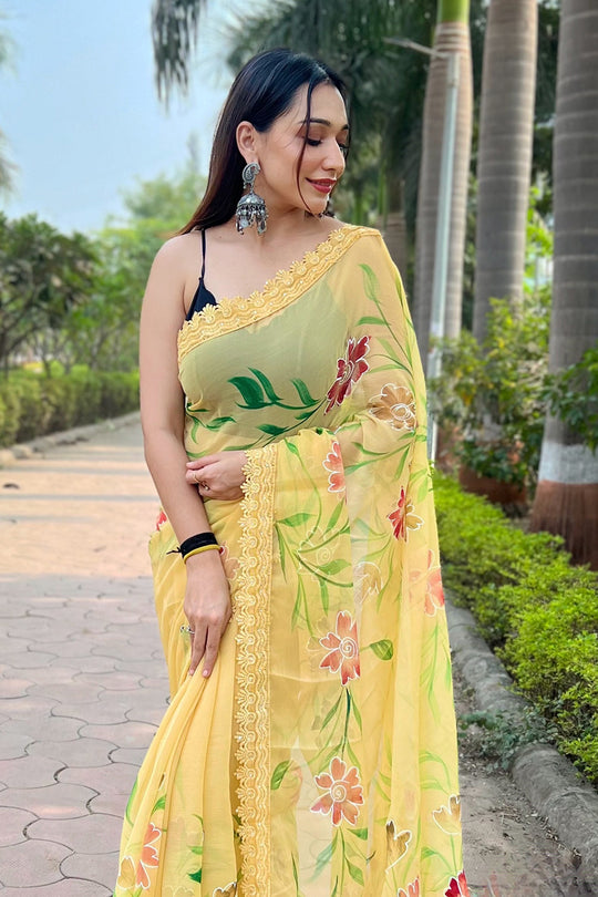 Yellow Shimmer Saree with Black Blouse Piece