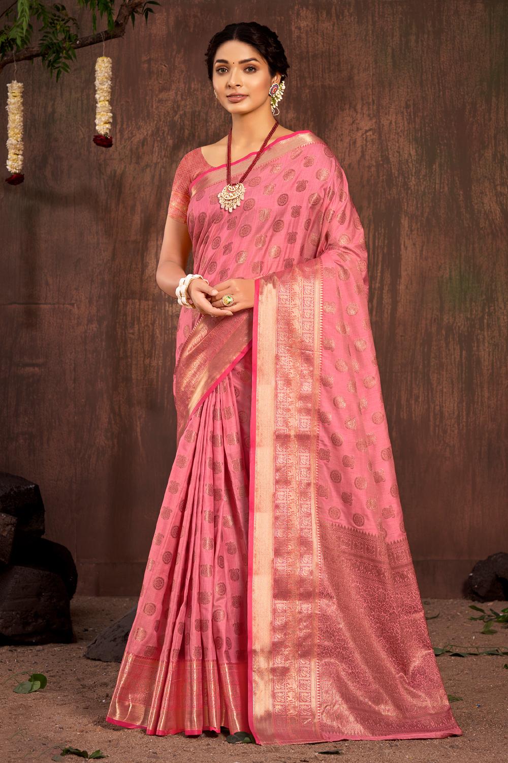 Womens Banarasi Silk Pink Saree With Blouse Piece