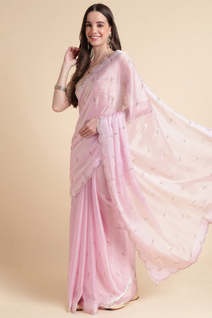 Pink Chiffon Silk Saree With Blouse Piece