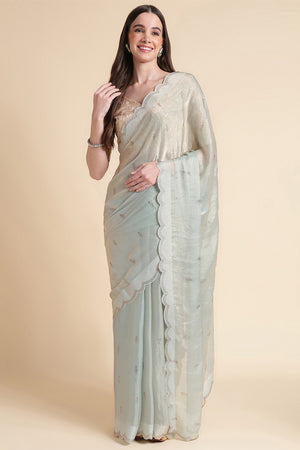Pista Green Chiffon Silk Saree With Blouse Piece