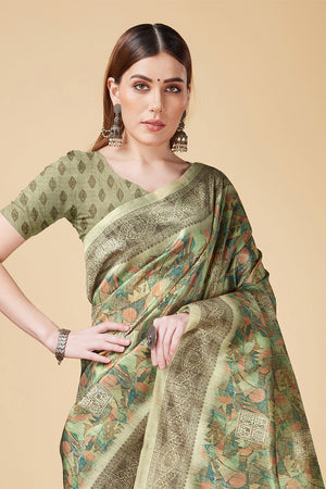 Olive Green Silk Saree With Blouse Piece