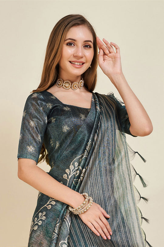 Navy Blue Silk Saree With Blouse Piece