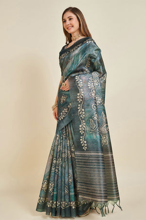 Navy Blue Silk Saree With Blouse Piece