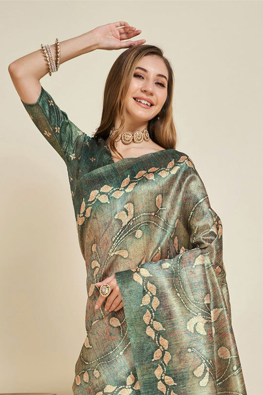 Olive Green Silk Saree With Blouse Piece