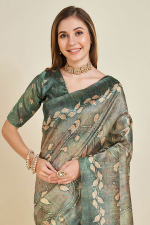 Olive Green Silk Saree With Blouse Piece