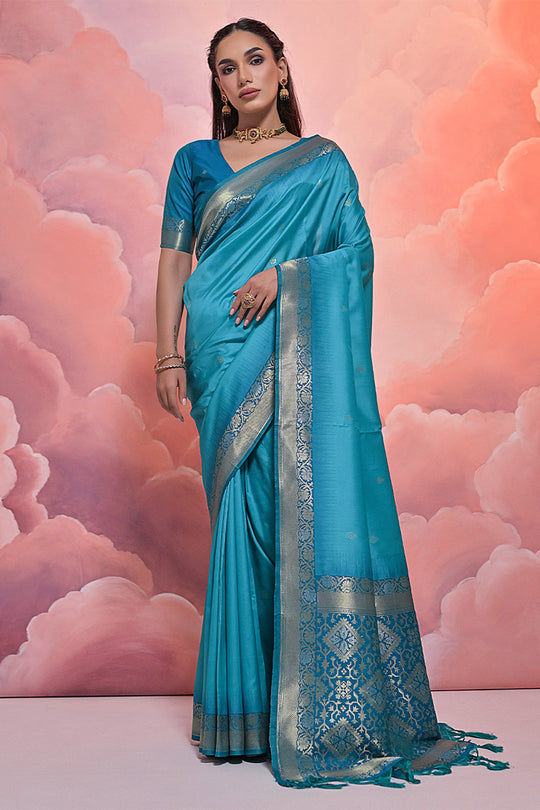Teal Silk Blend Saree With Blouse Piece