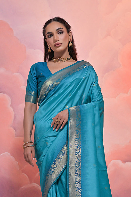 Teal Silk Blend Saree With Blouse Piece