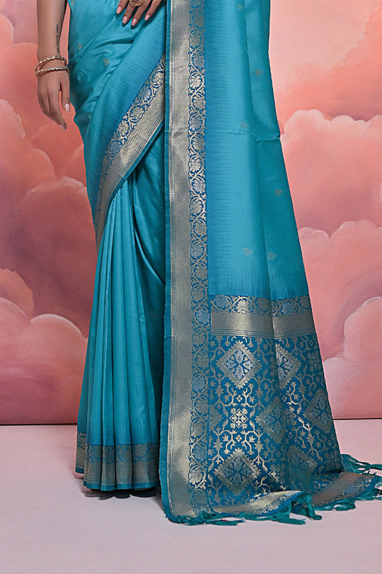 Teal Silk Blend Saree With Blouse Piece