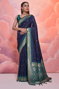 Navy Blue Silk Blend Saree With Blouse Piece