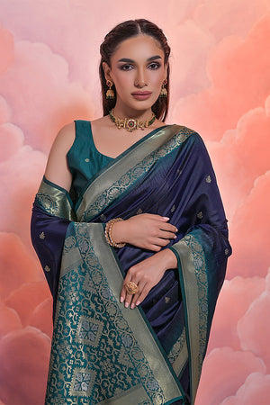 Navy Blue Silk Blend Saree With Blouse Piece