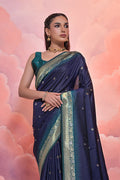 Navy Blue Silk Blend Saree With Blouse Piece