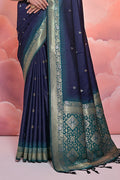 Navy Blue Silk Blend Saree With Blouse Piece