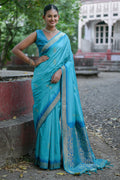 Teal Silk Blend Saree With Blouse Piece