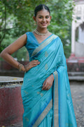 Teal Silk Blend Saree With Blouse Piece