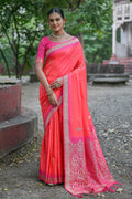 Pink Silk Blend Saree With Blouse Piece