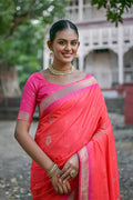 Pink Silk Blend Saree With Blouse Piece