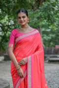 Pink Silk Blend Saree With Blouse Piece