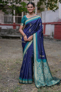 Navy Blue Silk Blend Saree With Blouse Piece