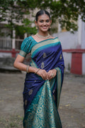 Navy Blue Silk Blend Saree With Blouse Piece