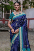 Navy Blue Silk Blend Saree With Blouse Piece