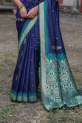 Navy Blue Silk Blend Saree With Blouse Piece