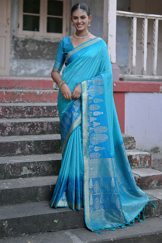 Teal Silk Blend Saree With Blouse Piece