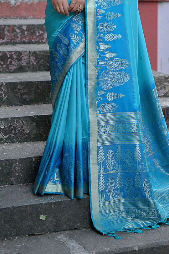 Teal Silk Blend Saree With Blouse Piece