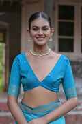 Teal Silk Blend Saree With Blouse Piece