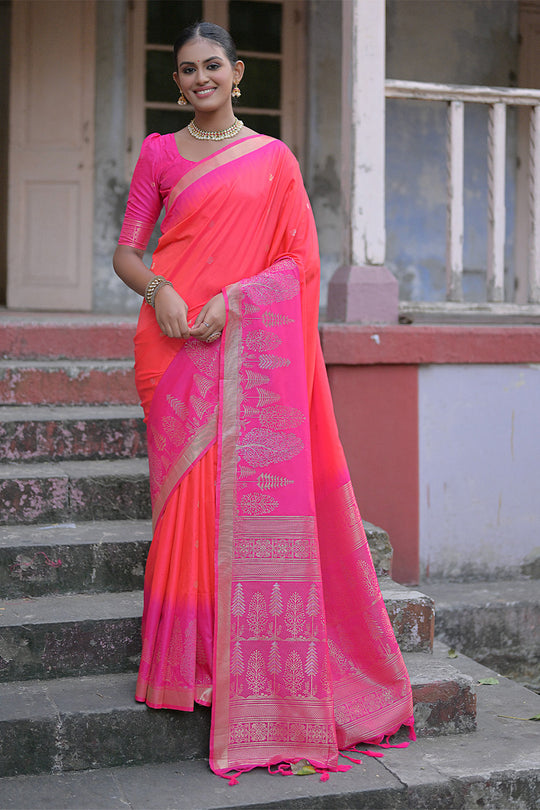 Pink Silk Blend Saree With Blouse Piece