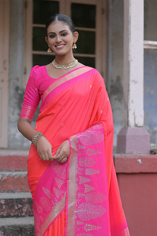 Pink Silk Blend Saree With Blouse Piece