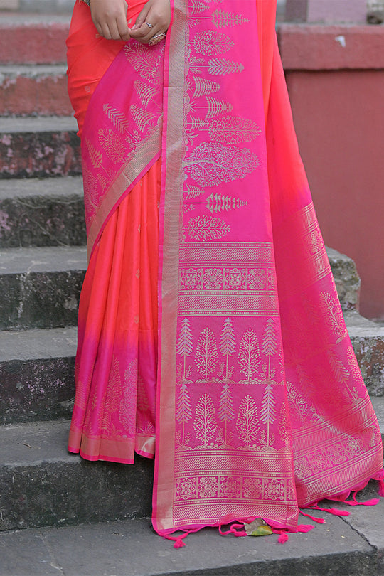 Pink Silk Blend Saree With Blouse Piece