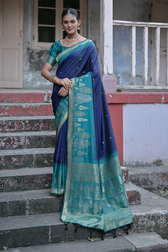 Navy Blue Silk Blend Saree With Blouse Piece