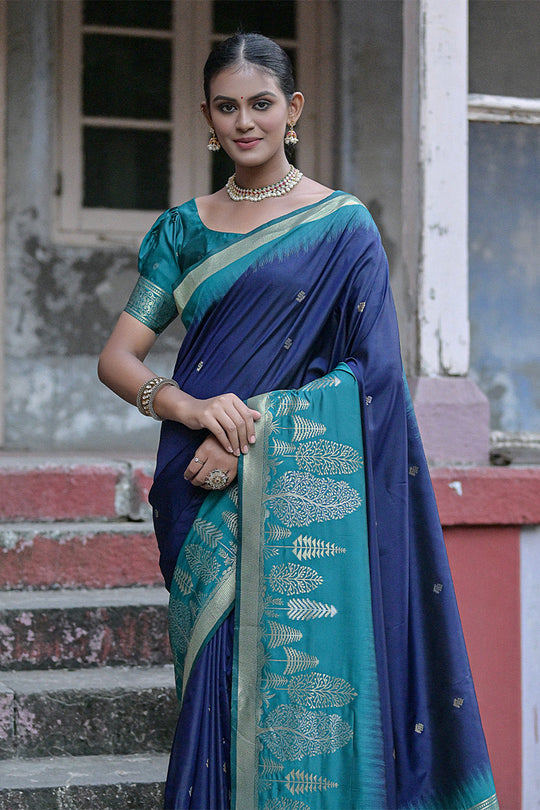 Navy Blue Silk Blend Saree With Blouse Piece