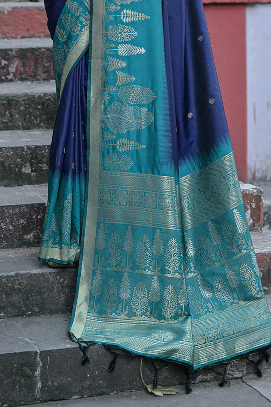 Navy Blue Silk Blend Saree With Blouse Piece
