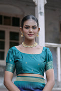 Navy Blue Silk Blend Saree With Blouse Piece