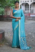 Teal Silk Blend Saree With Blouse Piece