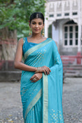 Teal Silk Blend Saree With Blouse Piece