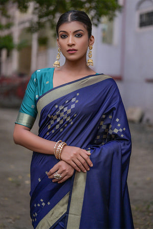 Navy Blue Silk Blend Saree With Blouse Piece