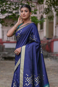 Navy Blue Silk Blend Saree With Blouse Piece