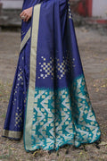 Navy Blue Silk Blend Saree With Blouse Piece