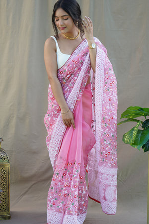 Dark Pink Organza Saree