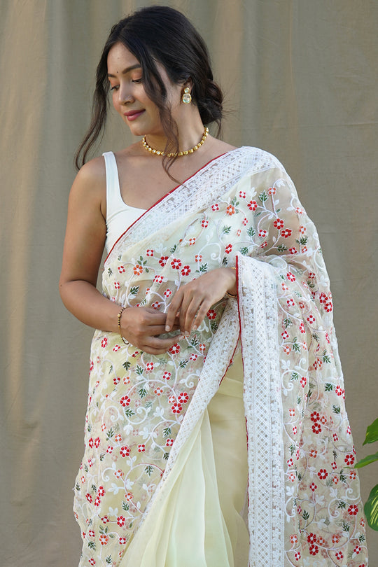 Pastel Yellow Organza Saree