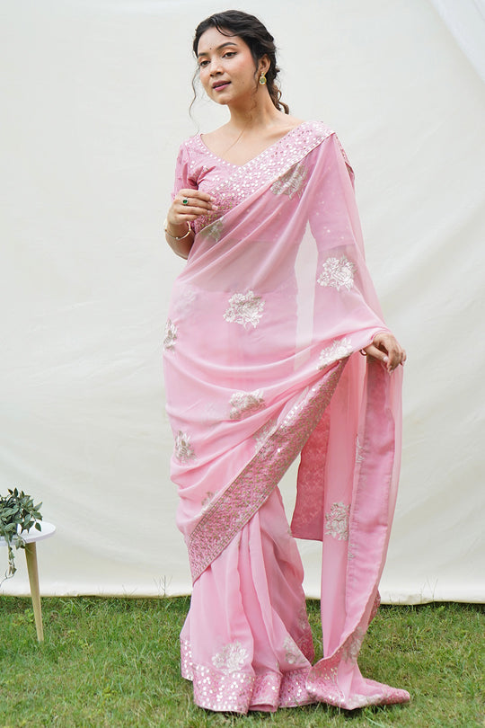 Pink Georgette Saree With Blouse Piece