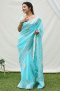 Sky Georgette Saree With Blouse Piece