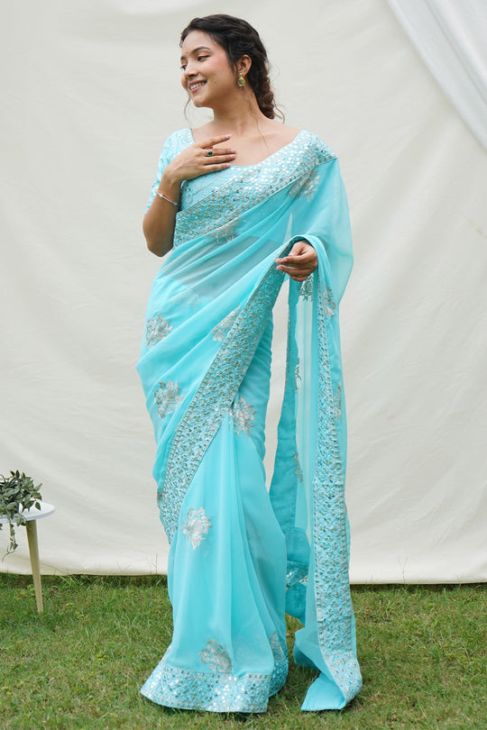 Sky Georgette Saree With Blouse Piece