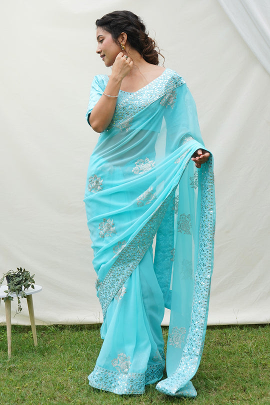 Sky Georgette Saree With Blouse Piece